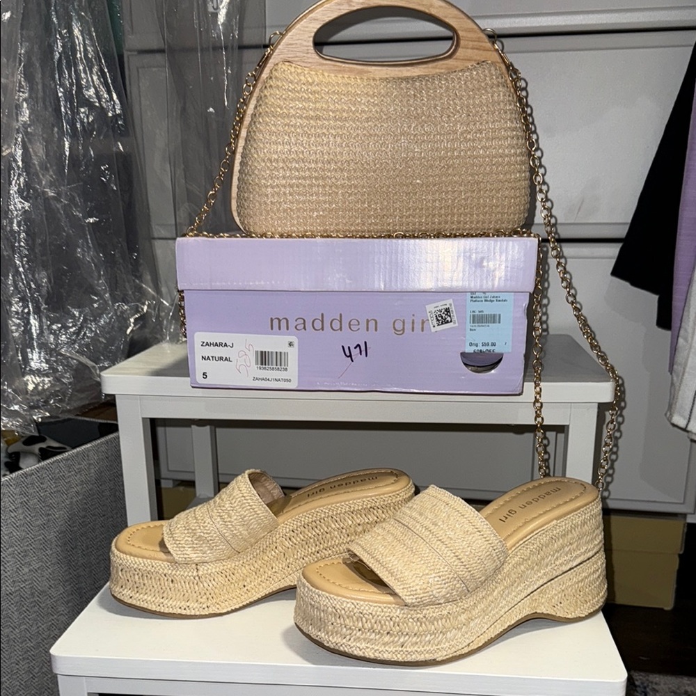 Madden Girl Natural Wedge Espadrilles with Braided Platform and Matching Handbag